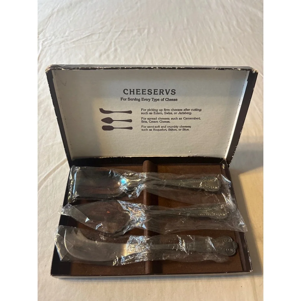 Cheeservs Cheese Serving Set 3pc Silver Like New Stainless Steel Japan Ornate